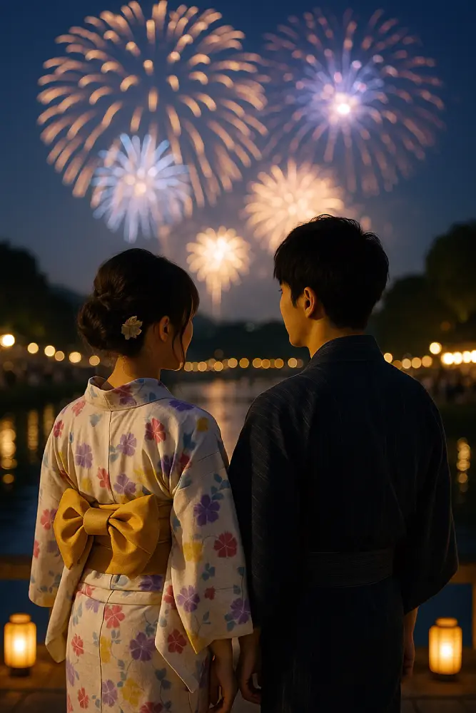 rendez-vous romantique au japon d'un jeune couple devant un feu d'artifice