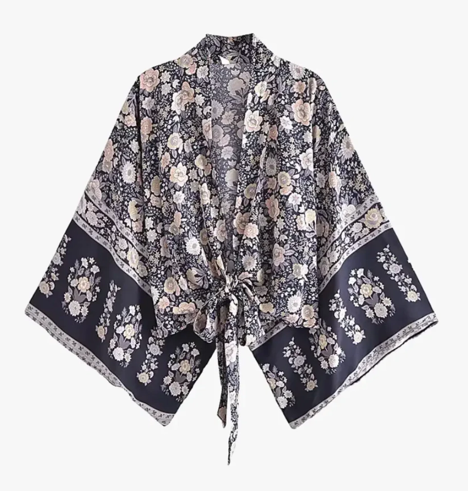 Kimono court fleuri noir style bohème Momohana