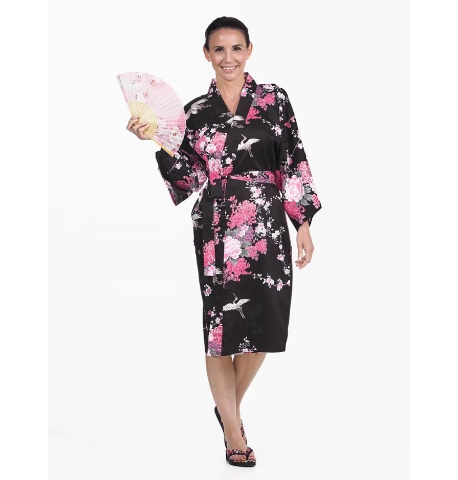 Kimono court femme noir sakura grues japonaises