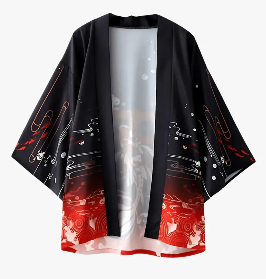 Kimono noir avec motifs carpes koï Suiren