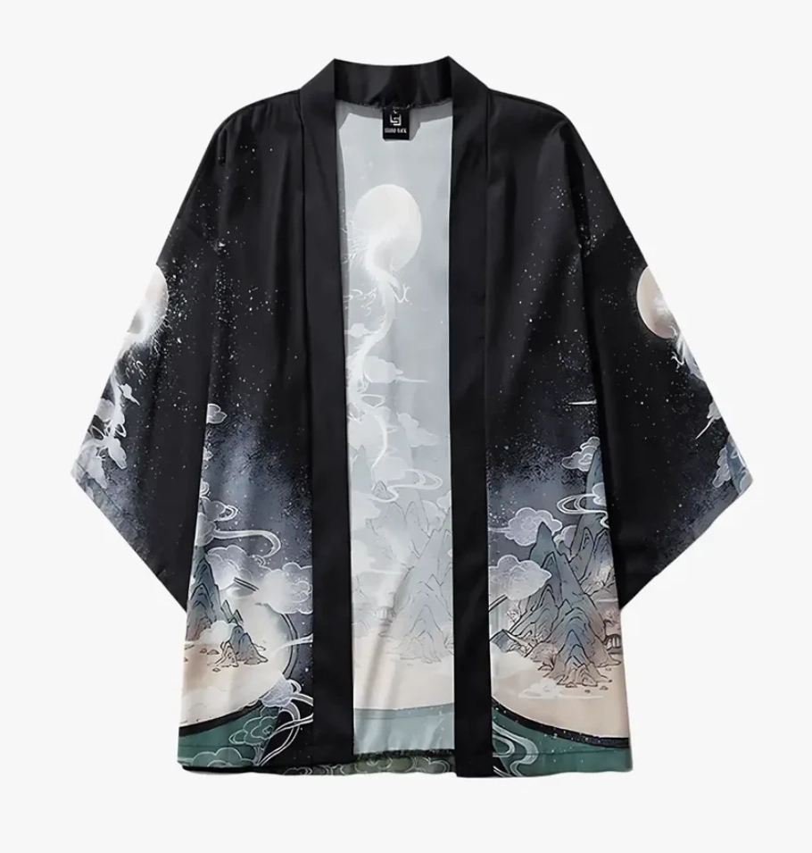Kimono noir motif dragon et lune Ryugetsu