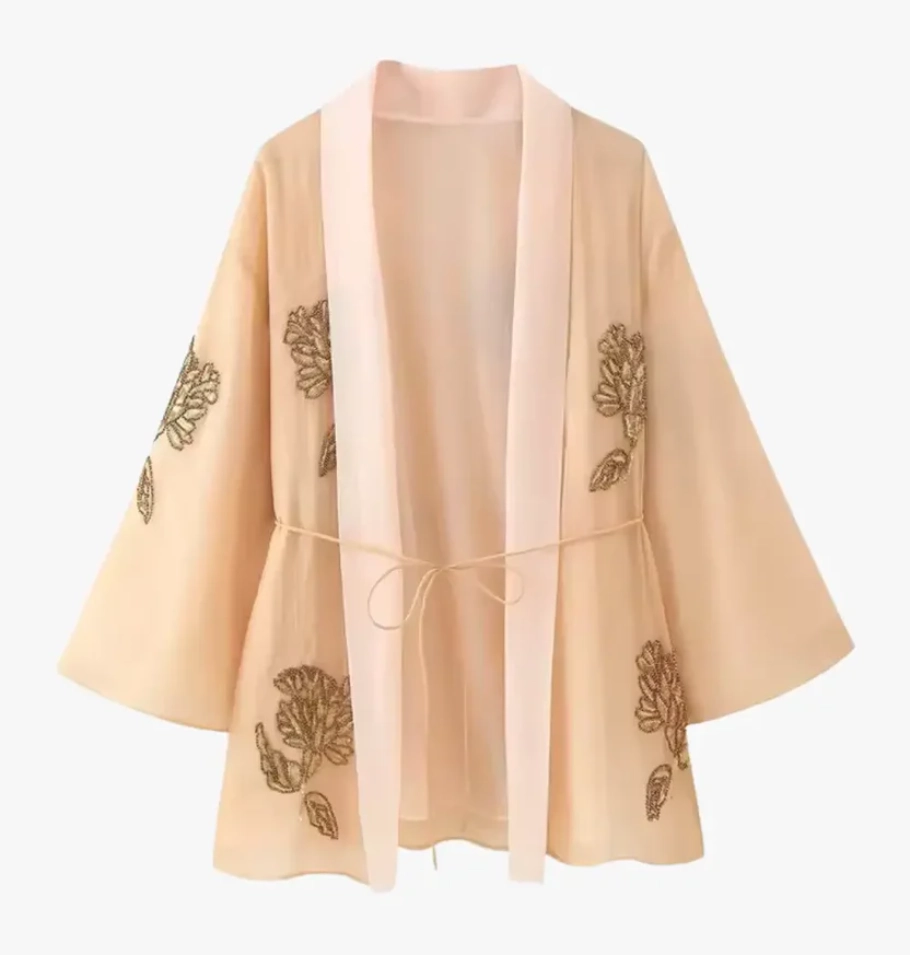Veste kimono femme beige avec broderies florales dorées Hoshimi
