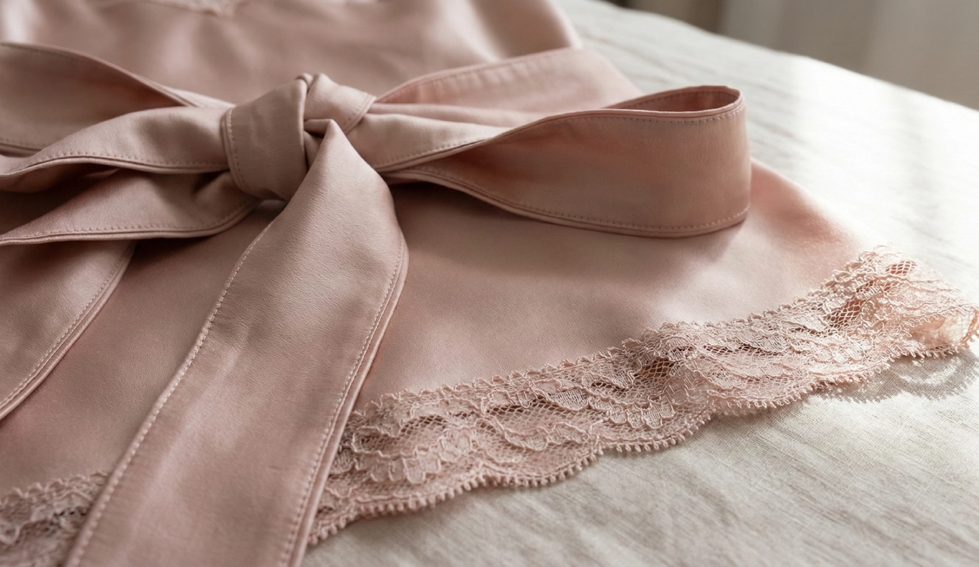 finitions d'une ceinture de peignoir et l'ourlet d'une nuisette assortie