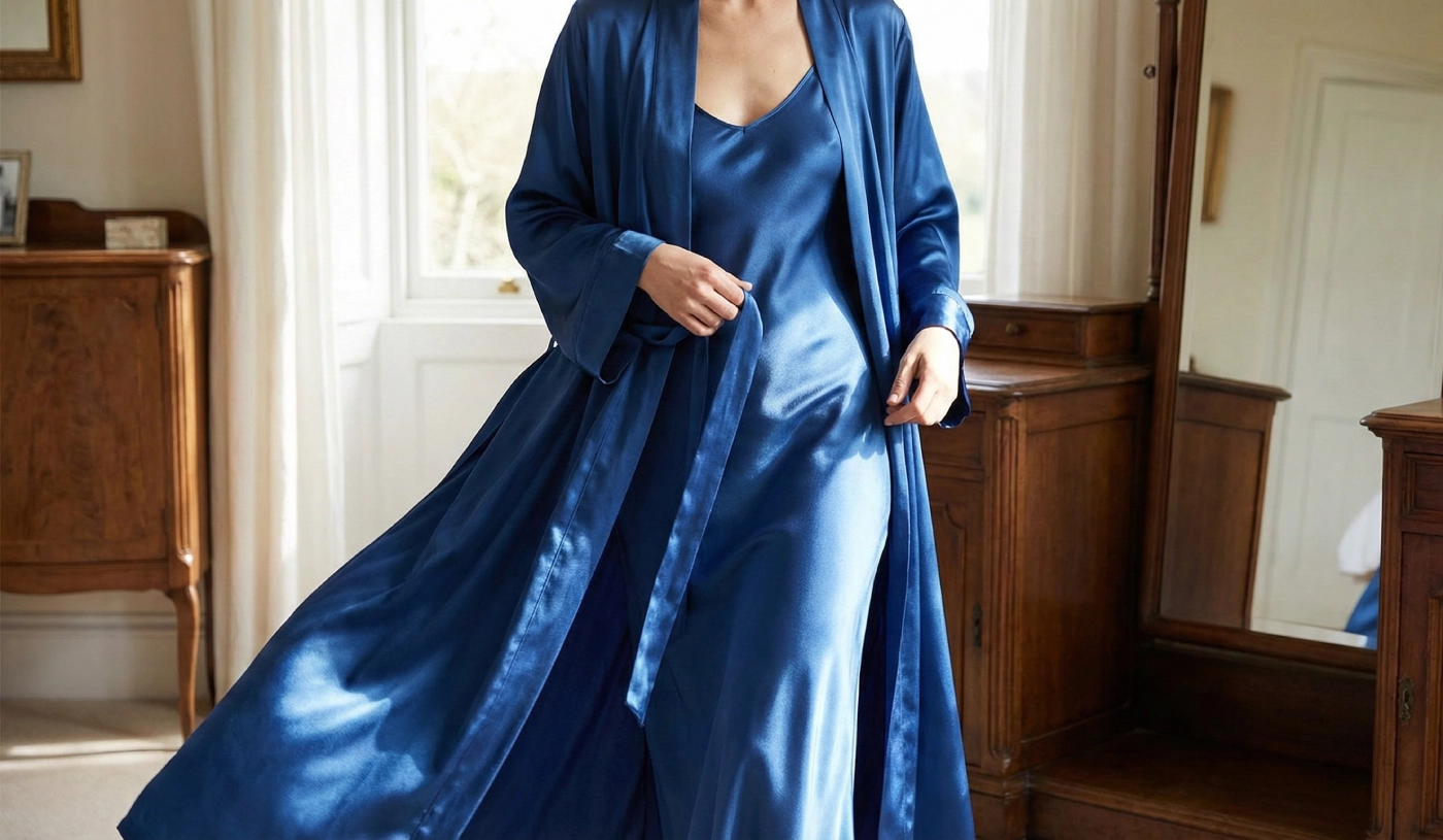 superposition ensemble en soie peignoir sur nuisette aux reflets satinés